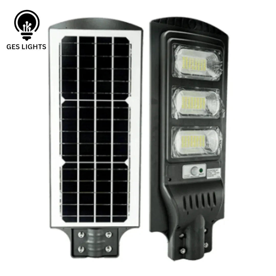 90W solar street light illuminating outdoor street area at night