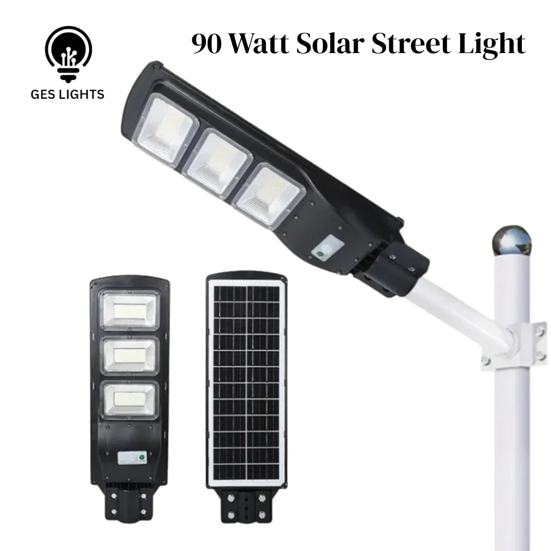 90 Watt Solar Street Light with solar panel on a white background