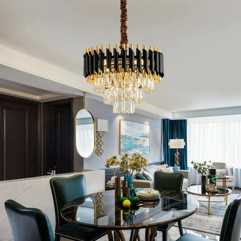 Elegant-Black-Golden-Chandelier-with-Hanging-Crystals