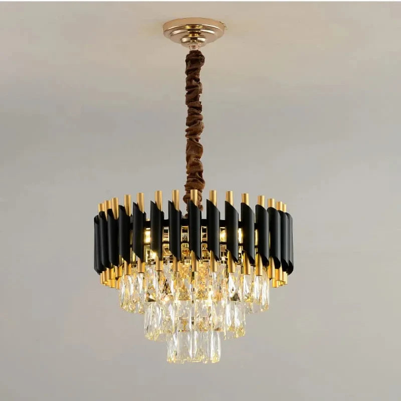 Modern-round-chandelier-with-golden-frame-and-crystal-drops