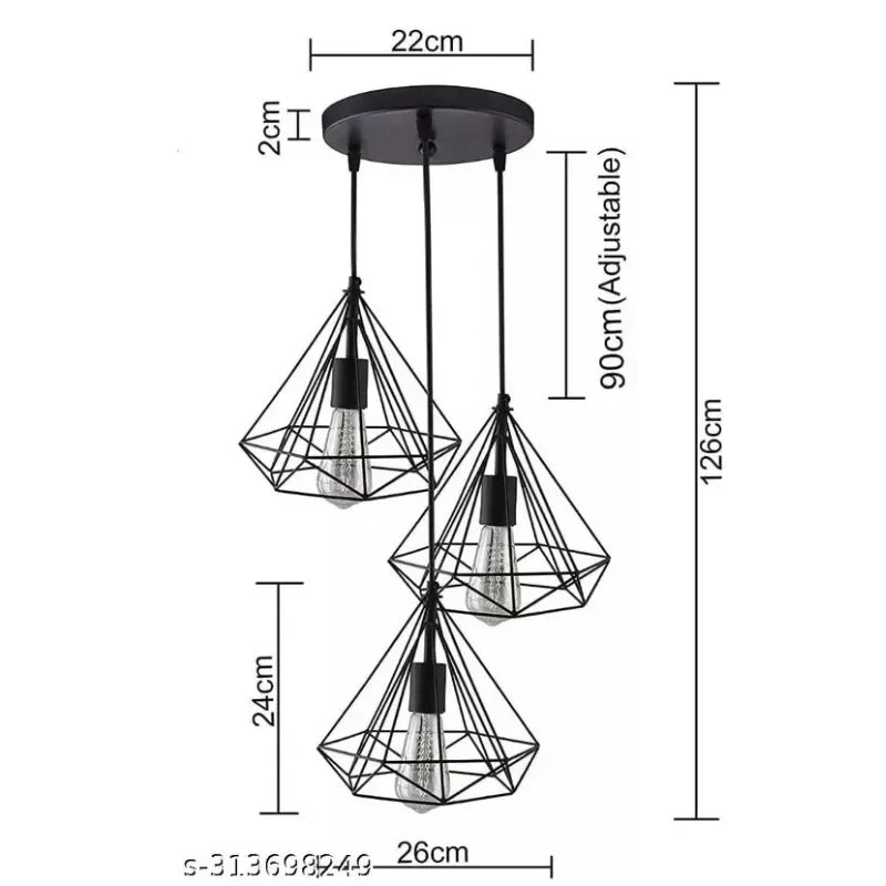 Three-black-diamond-shaped-hanging-lights-suspended-over-a-dining-table